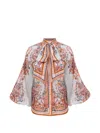 Zimmermann Paisley Floral Pure Silk Blouse With Self-tie Neck Detail In Brown