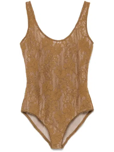 Zimmermann Lace Scoop Body Suit In Beige