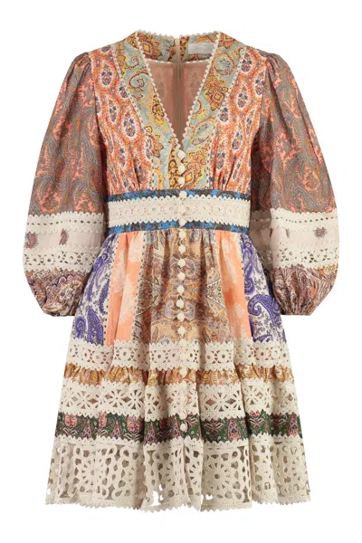ZIMMERMANN BOHEMIAN CHIC MINI DRESS WITH CROCHET TRIMS AND PAISLEY MOTIFS ALL-OVER