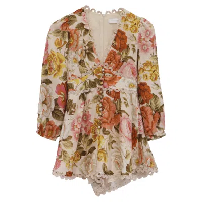 Pre-owned Zimmermann Bonita Floral-print Rompers In Multicolor Linen In Brown