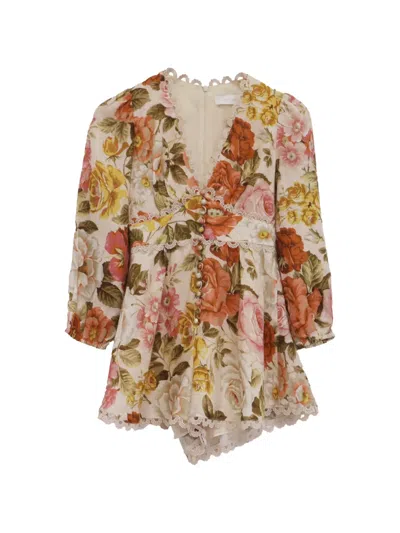 Pre-owned Zimmermann Bonita Floral-print Rompers In Neutral