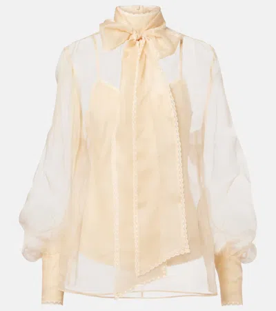 Zimmermann Pussy-bow Lace-trimmed Silk-organza Blouse In Pink