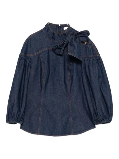 Zimmermann Bow-detailed Puff-sleeve Blouse In Blue