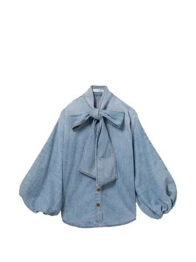 Zimmermann Bow-detail Balloon-sleeve Shirt In Blue