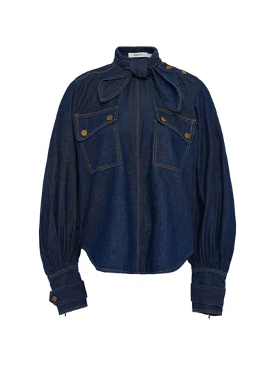 Zimmermann Bow-detail Cargo-pockets Denim Blouse In Multi