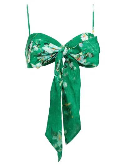 Zimmermann Everley Cropped Bow-detailed Pleated Floral-print Ramie Top In Green