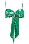 Zimmermann Everley Cropped Bow-detailed Pleated Floral-print Ramie Top In Green