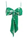 Zimmermann Everley Cropped Bow-detailed Pleated Floral-print Ramie Top In Green