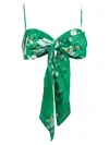Zimmermann Everley Cropped Bow-detailed Pleated Floral-print Ramie Top In Green