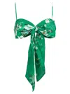 Zimmermann Everley Cropped Bow-detailed Pleated Floral-print Ramie Top In Green
