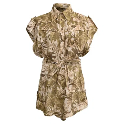 Zimmermann Brighton Leaf Printed Rompers In Olive Linen In Brown