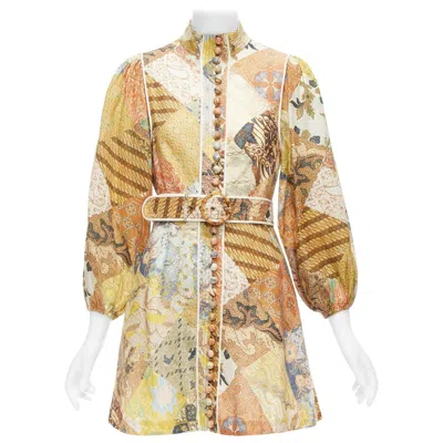 Pre-owned Zimmermann Brightside Brown Linen Patchwork Ethnic Print Belted Dress Us1 S