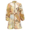 Zimmermann Brightside Linen Patchwork Ethnic Print Belted Dress In Brown