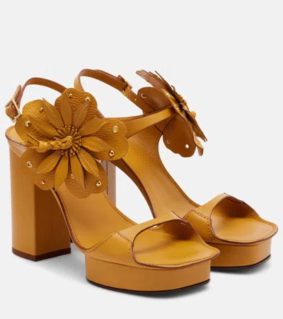 Zimmermann Brightside Platform Floral-appliqué Leather Sandals In Brown