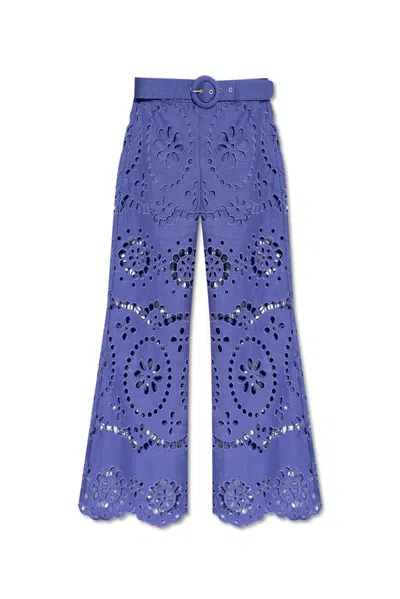 Zimmermann Pop Embroidered Linen Trousers In Purple