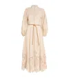Zimmermann Beige Long Dress With High Neck And All-over Embroidery In Linen Woman