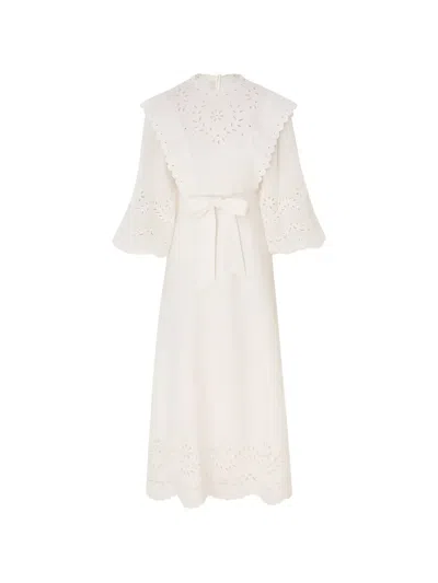 Zimmermann Broderie Anglaise-trimmed Linen Midi Dress In White