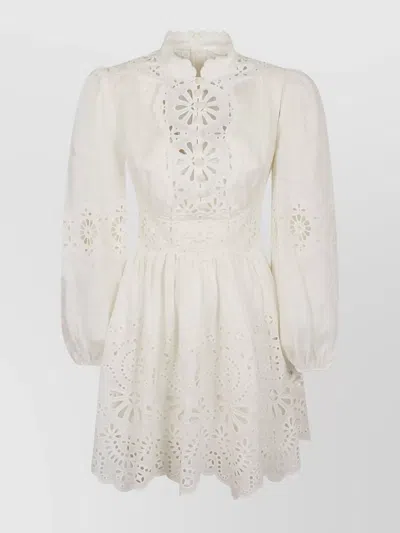 Zimmermann 'acacia'white Mini Dress With All-over Broderie Anglaise And Scallop Hem In Pink