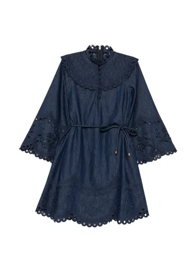 Zimmermann Mohon Broderie Anglaise Denim Mini Dress In Blue