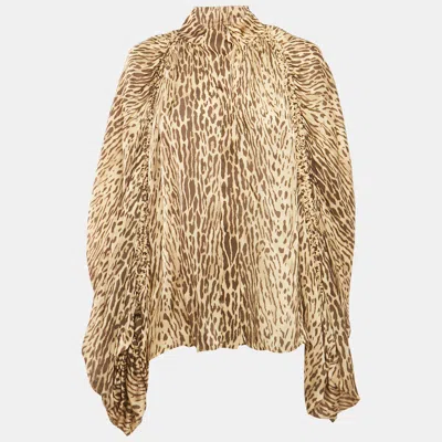 Pre-owned Zimmermann Brown Animal Print Silk Satin Button Front Blouse M