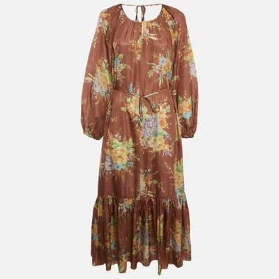 Pre-owned Zimmermann Brown Floral Print Silk Belted Zinnia Dress M