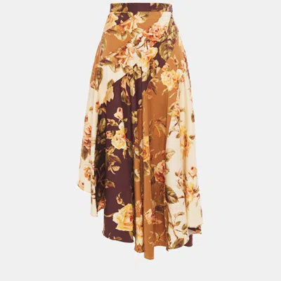 Pre-owned Zimmermann Brown Floral Print Silk Midi Skirt Size Xs (0)