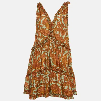 Pre-owned Zimmermann Brown Paisley Print Silk Ruffled Mini Dress L