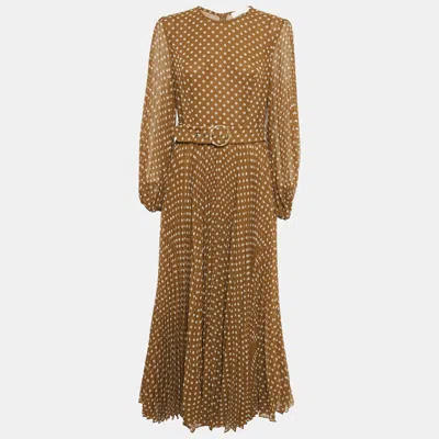 Pre-owned Zimmermann Brown Polka Dot Print Crepe Pleated Long Dress L