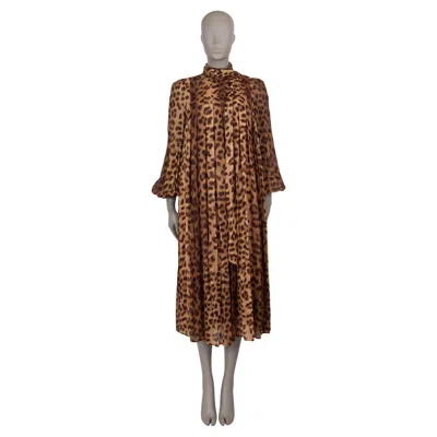 Pre-owned Zimmermann Brown Viscose 2025 Crush Leopard Tie Neck Midi Dress 0 Xs