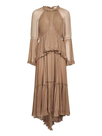 ZIMMERMANN BROWN VISCOSE HYPNOTIC PEPLUM DRESS
