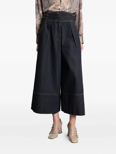 ZIMMERMANN BUCKLE-DETAIL PLEATED DENIM CULOTTES