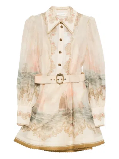 Zimmermann Buckle-print Linen Silk Dress In Gold