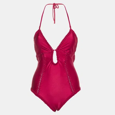 Pre-owned Zimmermann Burgundy Jersey Crochet Trim Lyre Keyhole Swimsuit M