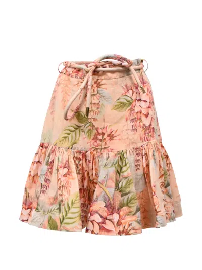 Pre-owned Zimmermann Candescent Flip Floral-print Mini Skirt In Orange