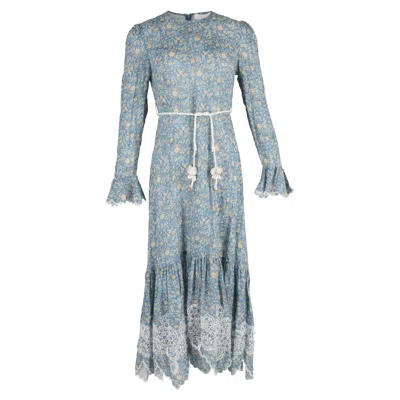 Zimmermann Carnaby Rope-belt Floral-print Midi Dress In Multicolor Linen In Blue