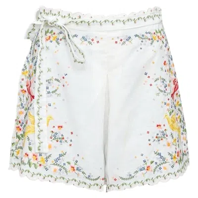 Zimmermann Carnaby White Linen Cotton Phoenix Embroidery Scallop Shorts Us2 S2