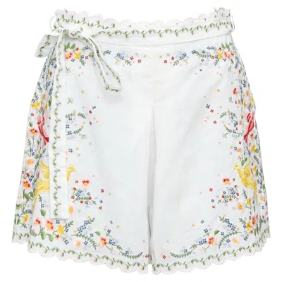 Pre-owned Zimmermann Carnaby White Linen Cotton Phoenix Embroidery Scallop Shorts Us2 S2