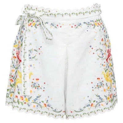Pre-owned Zimmermann Carnaby White Linen Cotton Phoenix Embroidery Scallop Shorts Us2 S2