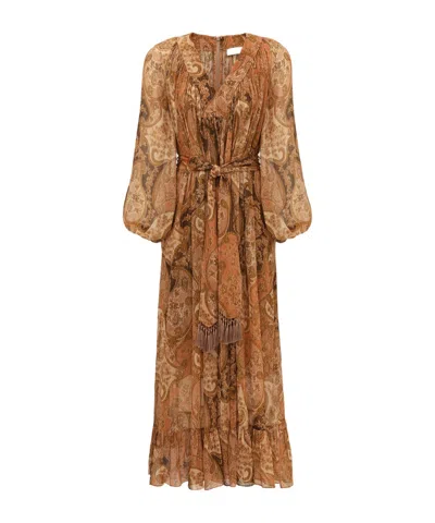 Zimmermann Carousel Paisley-print Tassel-detail Maxi Dress In Brown
