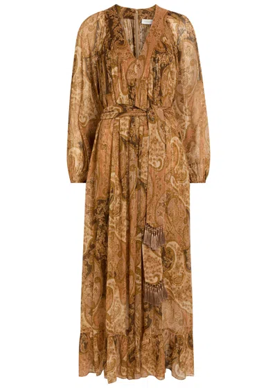 Zimmermann Carousel Belted Metallic Silk-chiffon Midi Dress In Brown