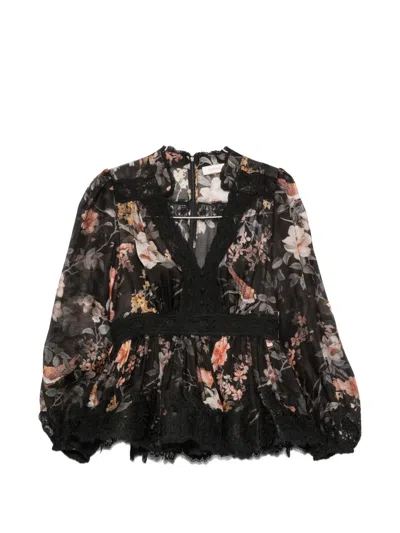 Zimmermann Carousel Floral-print Lace-trim Blouse In Black