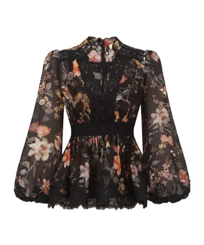 Zimmermann Carousel Lace Peplum Blouse In Black