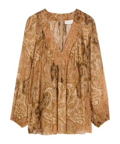 Zimmermann Carousel Metallic Silk Top In Animal Print