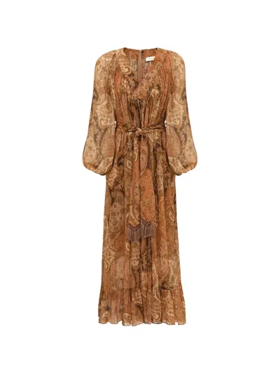 Zimmermann Carousel Paisley-print Tassel-detail Maxi Dress In Brown