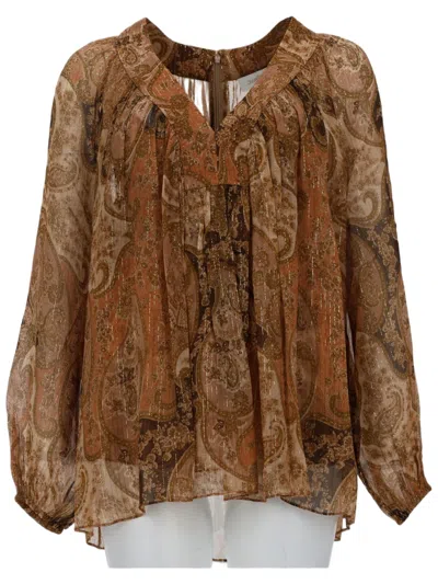 Zimmermann Carousel Silk-blend Paisley Batwing Blouse In Brown
