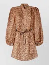 Zimmermann Cascadian Beige Tunic Dress With Stand-up Collar And All-over Leopard Print In Linen Woman In Brown