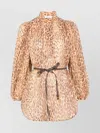 Zimmermann Cascadian Beige Tunic Dress With Stand-up Collar And All-over Leopard Print In Linen Woman In Brown