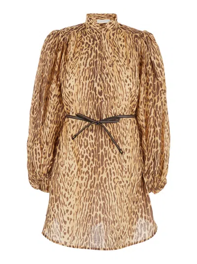 ZIMMERMANN ZIMMERMANN 'CASCADIAN' BEIGE TUNIC DRESS WITH STAND-UP COLLAR AND ALL-OVER LEOPARD PRINT IN LINEN WO
