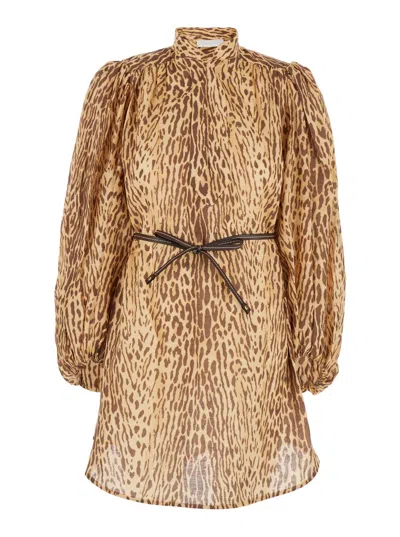 Zimmermann Cascadian Beige Tunic Dress With Stand-up Collar And All-over Leopard Print In Linen Woman In Brown