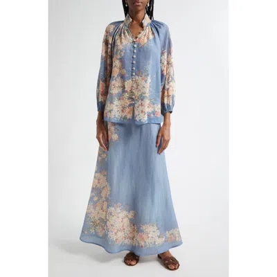 Zimmermann Cascadian Bias Cut Linen Maxi Skirt In Blue